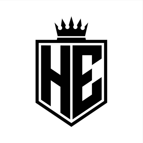 HE Letter Logo monogram tučný štít geometrický tvar s korunou obrys černé a bílé styl designu šablony - Fotografie, Obrázek