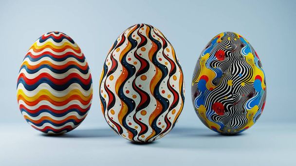 3D minimalistický design velikonočních vajíček s retro vlnovým vzorem, mísící moderní estetiku s klasickým svátečním šarmem. - Fotografie, Obrázek
