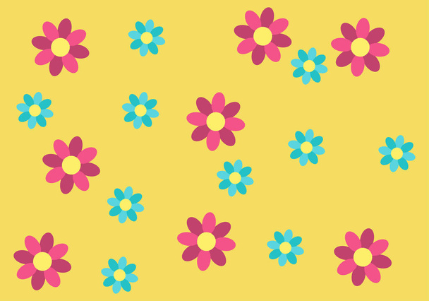 Κίτρινο φόντο με κόκκινο και μπλε μοτίβο λουλούδι. - Διάνυσμα, εικόνα