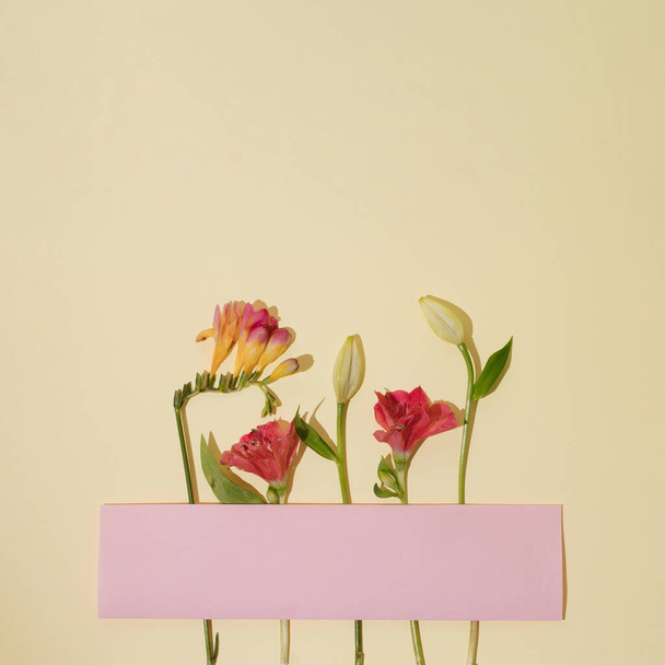 Декоративная праздничная открытка из свежих натуральных цветов прикрепленная линией бумаги на светло-бежевом фоне, копировальное пространство. - Фото, изображение