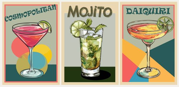 Cocktails retro poster set. Mojito, Daiquiri, Cosmopolitan. Collection of popular alcohol drinks. Vintage flat vector illustrations for bar, pub, restaurant, kitchen wall art print. - Vector, Image
