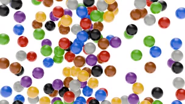 Caer de las bolas multicolores superiores llena el espacio alrededor. Fondo abstracto de la moda mínima. Animación 3D moderna con canal alfa mate. - Metraje, vídeo