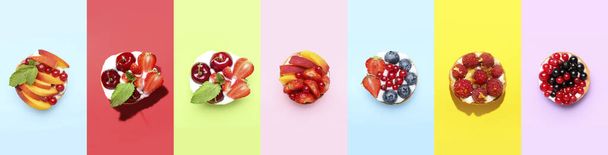 Colagem de tartes de frutas saborosas no fundo de cor, vista superior - Foto, Imagem