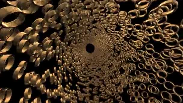 Animación de un túnel hecho de anillos de bodas de oro en una pantalla negra. El concepto de matrimonio y la creación de una familia. Vídeo en stock con ruedas en 4K. - Metraje, vídeo