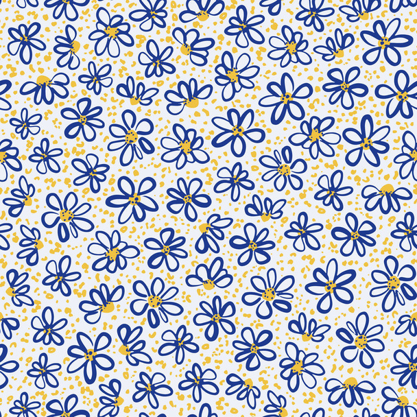 Cute, retro flowers with dots seamless repeat pattern. Random placed, vector hand drawn botany aop all over print on white background. - Vector, Image