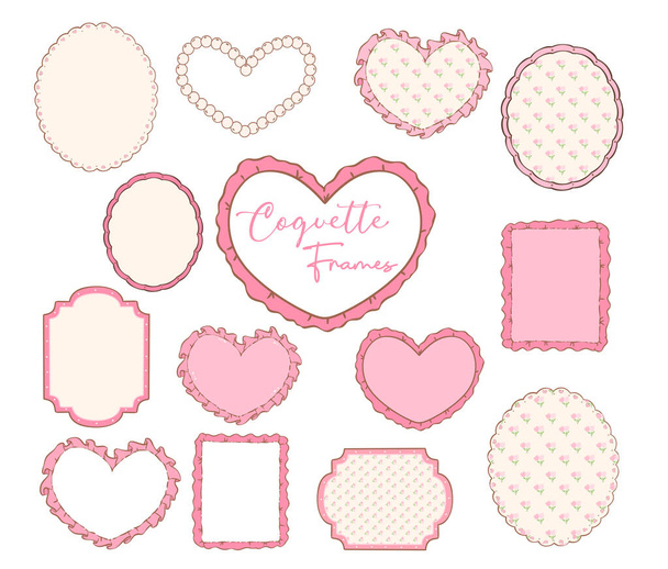 Coquette Pink Frame Doodle Drawing: Retro Heart Shape, Oval, Rectangular Frames set - Vector, Image