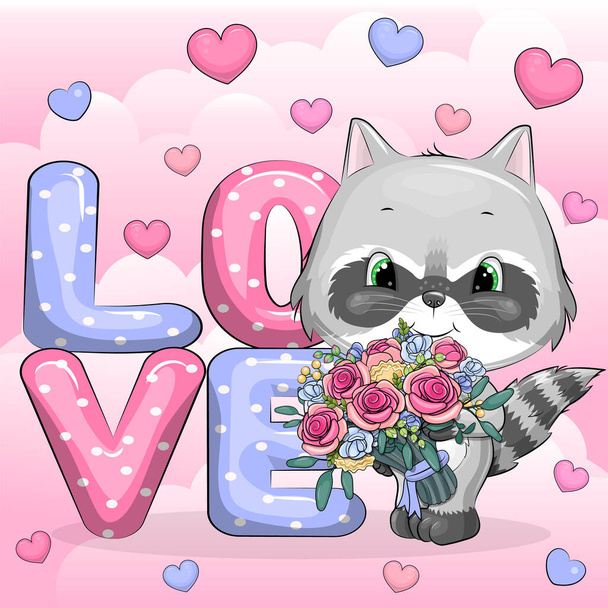 Palabra de amor y lindo mapache de dibujos animados con ramo de flores. Ilustración vectorial de animal sobre fondo rosa con corazones. - Vector, imagen