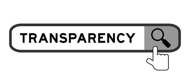 Bannière de recherche dans la transparence de mot avec la main sur l'icône de loupe sur fond blanc - Vecteur, image