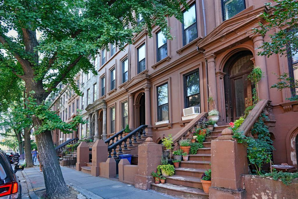 New York City Street with row of old brownstone townhouses - Photo, Image