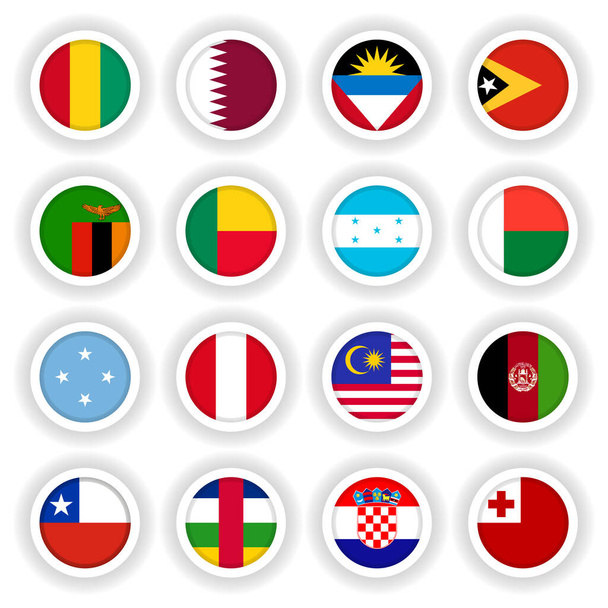 Zestaw okrągłych przycisków flag różnych krajów. - Wektor, obraz
