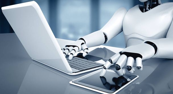 Humanoide Roboter nutzen Laptop und sitzen im zukünftigen Büro am Tisch, während sie KI-Denkgehirn, künstliche Intelligenz und maschinelles Lernen nutzen. 4. Industrielle Revolution - Foto, Bild