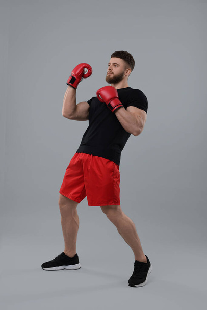 Muž v boxerských rukavicích na šedém pozadí - Fotografie, Obrázek