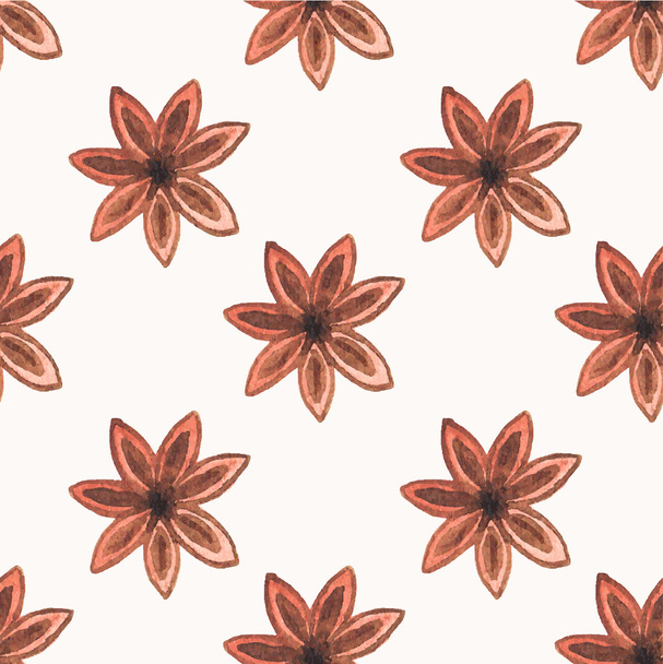 Seamless watercolor pattern with star anise on the white background, aquarelle.  Vector illustration. - Vektör, Görsel