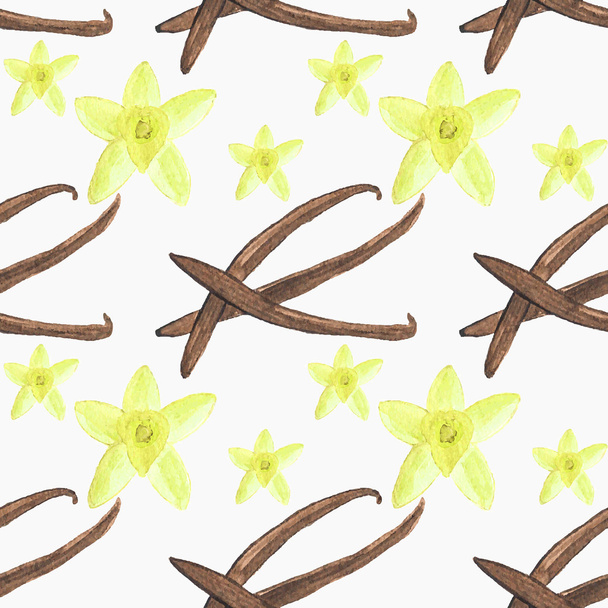 Seamless watercolor pattern with vanilla flower and stick on the white background, aquarelle.  Vector illustration. Hand-drawn background. - Vektör, Görsel