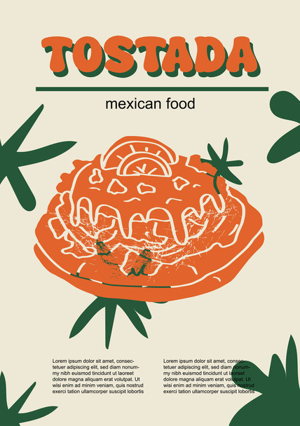Meksikolainen ruoka asettaa vektori kuva. Kaiverrettu tostada nippu perinteisiä ruokia, kotitekoinen ja ravintola illallinen ruokia ja kastikkeet ruoanlaitto keittiössä Meksikon - Vektori, kuva