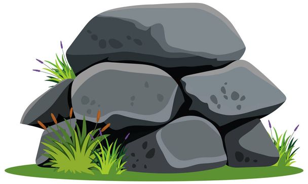 Cartoon rochas com grama em um fundo branco - Vetor, Imagem