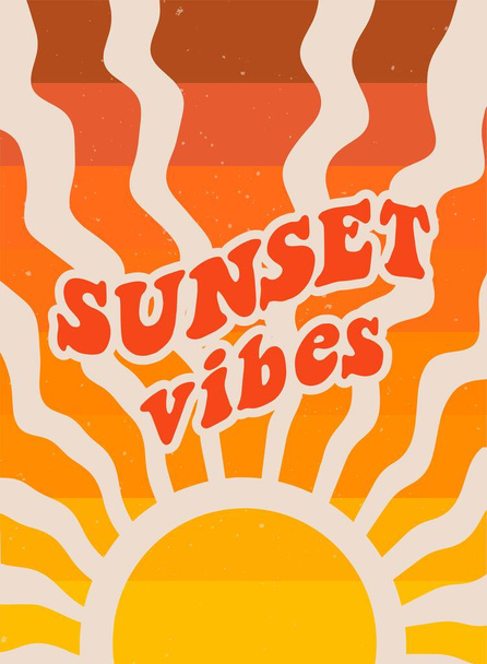 Χαριτωμένο groovy αφίσα, κάρτα, εκτύπωση, πανό με vintage γράμματα απόσπασμα "Sunset Vibes". Ρετρό φόντο, ταπετσαρία, πρότυπο. EPS 10 - Διάνυσμα, εικόνα