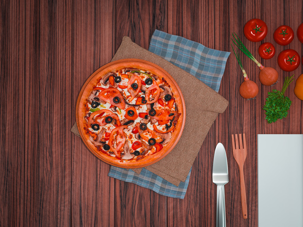 Mock up template pizza on a wooden table. - Фото, изображение