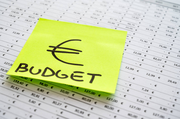 Таблиця з бюджетом, витратами, доходами та квитком з символом євро. - Фото, зображення