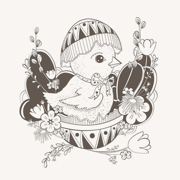 Illustration of little chicken in Easter egg shell. - Διάνυσμα, εικόνα