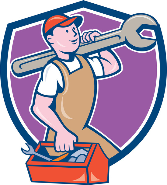 Mechanic Carrying Spanner Toolbox Crest Cartoon - Vector, Image