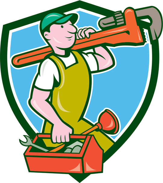 Plumber Carrying Monkey Wrench Toolbox Crest - Vector, Image
