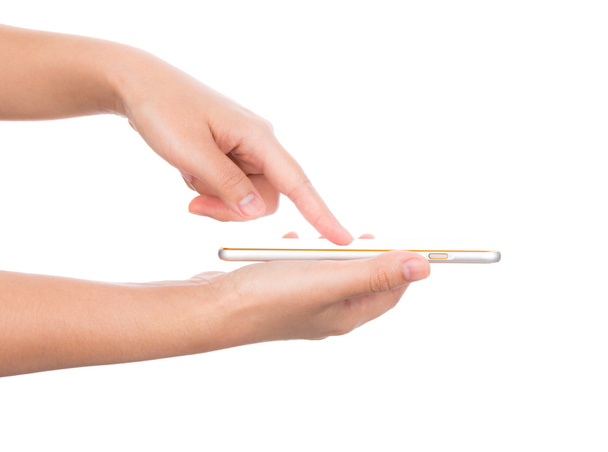 Γυναικείο χέρι που κρατά το χρυσό κινητό τηλέφωνο smartphone ομοίωμα με bl - Φωτογραφία, εικόνα