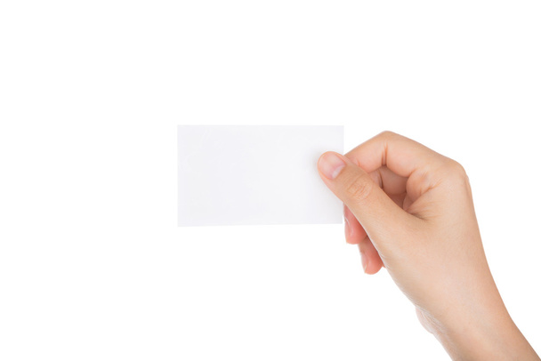 Women hand holding blank paper business card isolated on white b - Photo, image