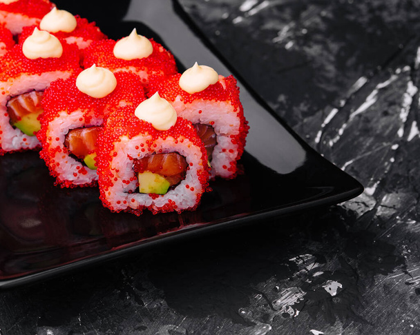 Macro shot of california maki sushi rolls with rice - Photo, Image