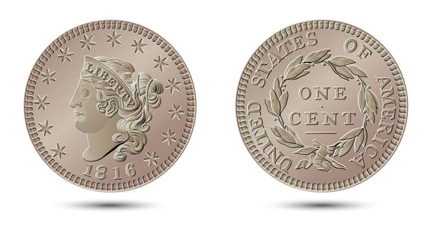 Vector de dinero americano, moneda de un centavo, 1816-1839. Ilustración vectorial. - Vector, imagen