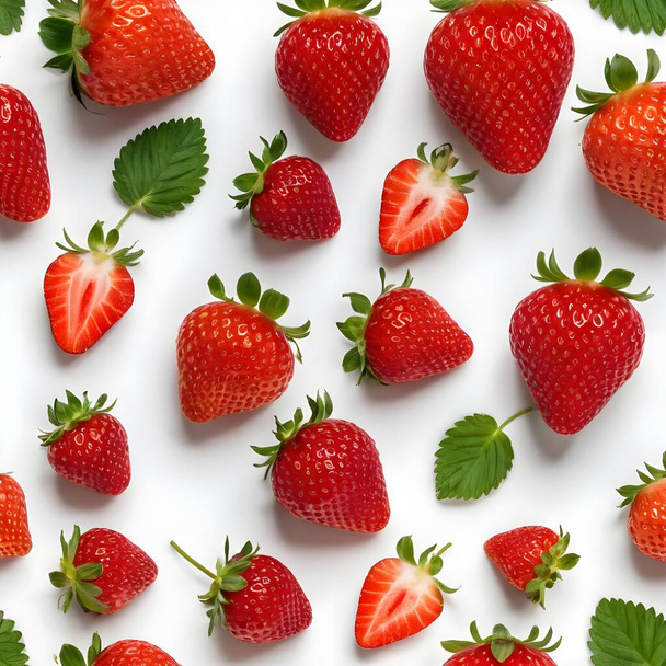 Una colección de fresas rojas maduras está ordenada cuidadosamente en un patrón sobre un fondo blanco, mostrando varios tamaños de la fruta con hojas verdes vibrantes. - Foto, Imagen