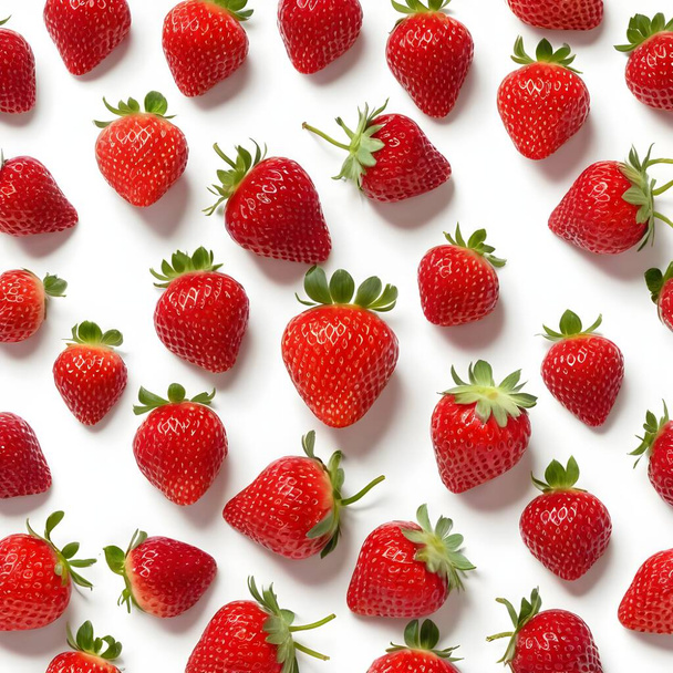 Een collectie rijpe rode aardbeien is netjes gerangschikt in een patroon op een witte achtergrond, met verschillende maten van de vrucht met levendige groene bladeren. - Foto, afbeelding