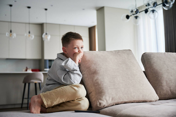 Cute little boy curiously looking at something. Curious kid full of interest watching his favorite show. Adorable child lying on couch in living room and relaxing. - Photo, Image
