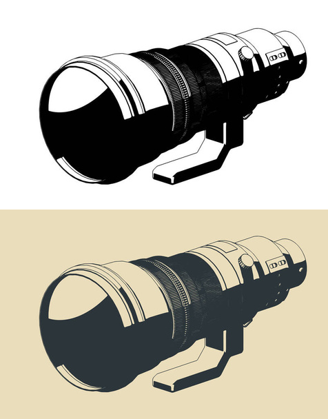 Ilustración vectorial estilizada de la lente super-teleobjetivo - Vector, imagen