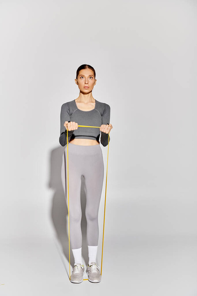 Sportovní mladá žena v aktivním oblečení pracuje s elastikou na šedém pozadí. - Fotografie, Obrázek