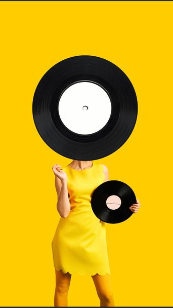 Contemporary art collage. Young woman with huge vinyl audio recorder posing holds smaller vinyl cassette against vibrant background. Concept of music, party, creativity, inspiration, self-expression. - Photo, Image