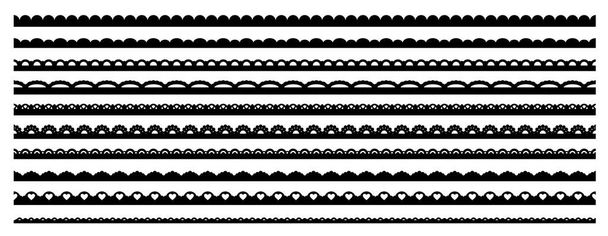 Κορνίζες δαντέλα Scallop, σύνορα και διαχωριστικά, μοτίβα υφάσματος, κορδέλες frill διάνυσμα σετ. Μαύρο σκαλπ κομψές ρίγες με καμπύλα στολίδια και λεπτή vintage πολυπλοκότητα, μονόχρωμα στοιχεία - Διάνυσμα, εικόνα