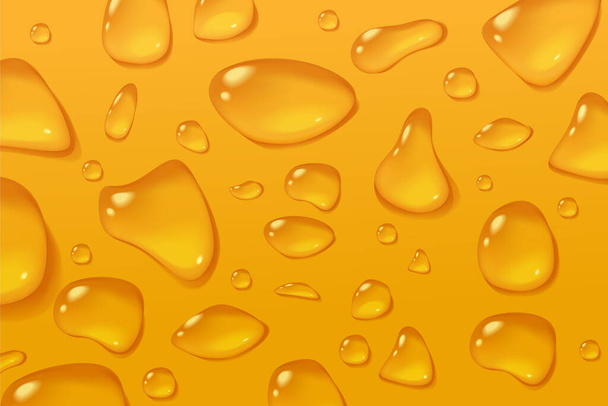 ビールの抽象的な背景。 マクロの質の凝縮されたガラス. 透明な水が黄色の表面に落ちる。 冷たい飲み物のコンセプトジュース。 オイルかシャンパン。 現実的なスタイルでのストックベクトルイラスト. - ベクター画像