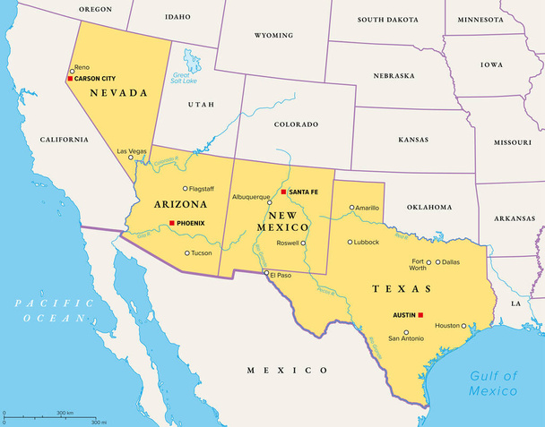 Południowo-zachodni region Stanów Zjednoczonych, mapa polityczna. Stany Zjednoczone Ameryki Południowo-Zachodniej lub po prostu Południowo-Zachodniej. Region geograficzny i kulturowy, graniczący z Meksykiem. Arizona, Nowy Meksyk, Nevada i Teksas. - Wektor, obraz