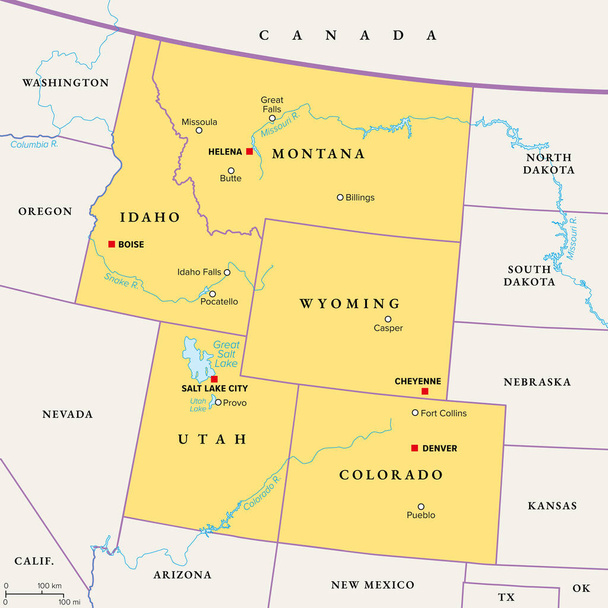 Скелястий гірський район Сполучених Штатів Америки, політична карта. Скелясті гори, Скелясті гори коротко, розділяють західні Сполучені Штати від Великих рівнин. Колорадо, Айдахо, Монтана, Вайомінг та Юта. - Вектор, зображення