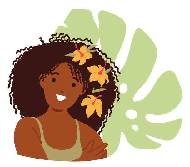 Avatar impactante de un personaje de mujer negra, su mirada cautivadora, características exquisitamente definidas. Delicadas flores adornan su cabello, añadiendo toque de elegancia y gracia. Dibujos animados Gente Vector Ilustración - Vector, imagen
