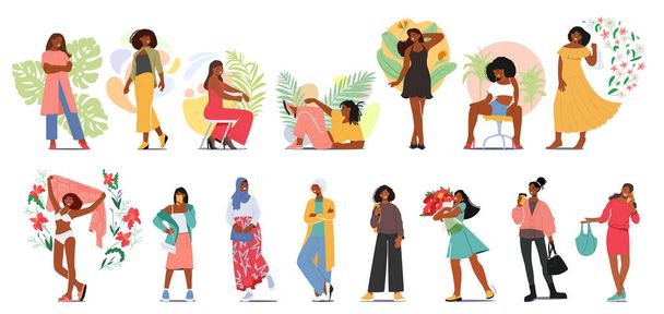Black Girls and Women Set. Young, Teen and Adult African American Female Characters in Various Poses and Clothes. Standing, Sitting, Lying Black Girls. Cartoon People Vector Illustration - Vector, Image