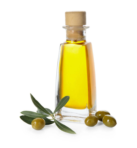 Bottle of fresh olive oil on white background - Foto, Imagem