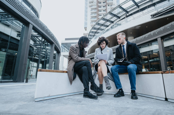 Três funcionários de negócios colaboram em um projeto enquanto estão sentados ao ar livre em um ambiente urbano, revisando o conteúdo em um laptop. - Foto, Imagem