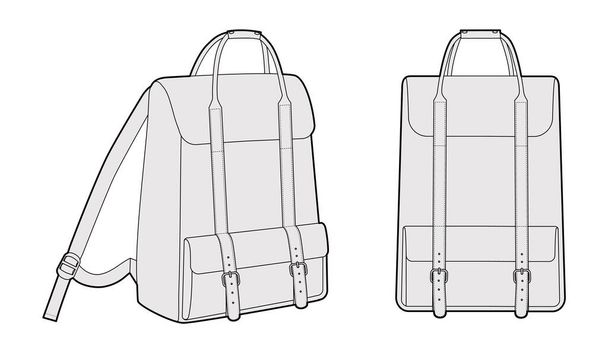 Приключения рюкзак силуэт мешок. Модный аксессуар техническая иллюстрация. Векторная школьная сумка спереди 3-4 вид для мужчин, женщин, однополого стиля, плоский макет САПР очертания изолированы - Вектор,изображение