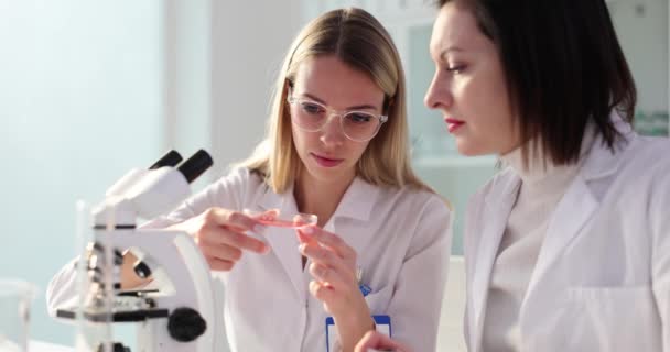 Dois cientistas analisam produtos químicos biotecnológicos em vidro em laboratório. Experiência para determinar a densidade e composição do líquido - Filmagem, Vídeo