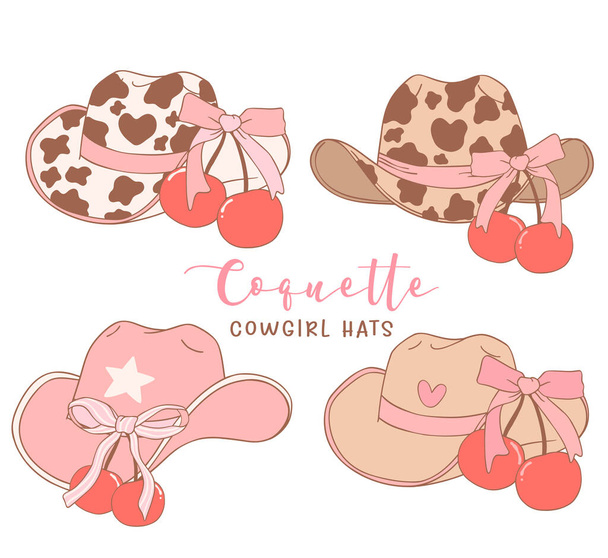 set of Coquette Cowgirl Hats with pink Ribbon Bow and cherries Hand Drawn Doodle illustration. - Vector, Image