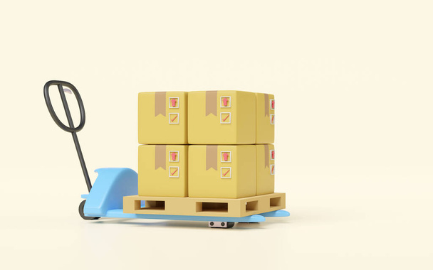 3d niebieski ręczny wózek paletowy z kartonowym pudełkiem towarów izolowane. Ilustracja 3D renderowania - Zdjęcie, obraz