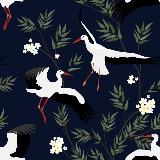 Kraniche mit floralem Muster auf dunkelblauem Hintergrund. Nahtloses Muster. Fliegende Vögel. - Vektor, Bild