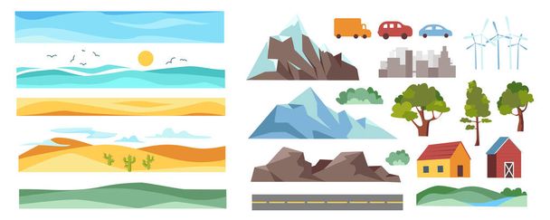 Landscape elements constructor mega set in flat graphic design. Creator kit with sea water, desert, hills, ice mountains, cars, river, forest trees, barns, wind turbines, other. Vector illustration. - Vector, Image